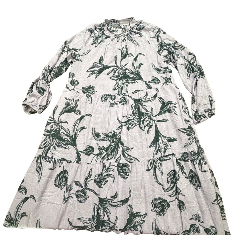 A New Day Lavender Floral Clip Dot Tiered‎ Midi Dress High Neck Pockets Womens M